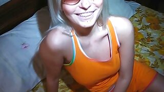 Stunning flaxen-haired girl in orange clothes wants to have some fun in front of the camera. She of course knows how to get the peak of satisfaction using her fingers. She gets undressed and touches her lovely nipples. Oh, I lose my mind when she starts exploring her fresh pussy. She is so sweet